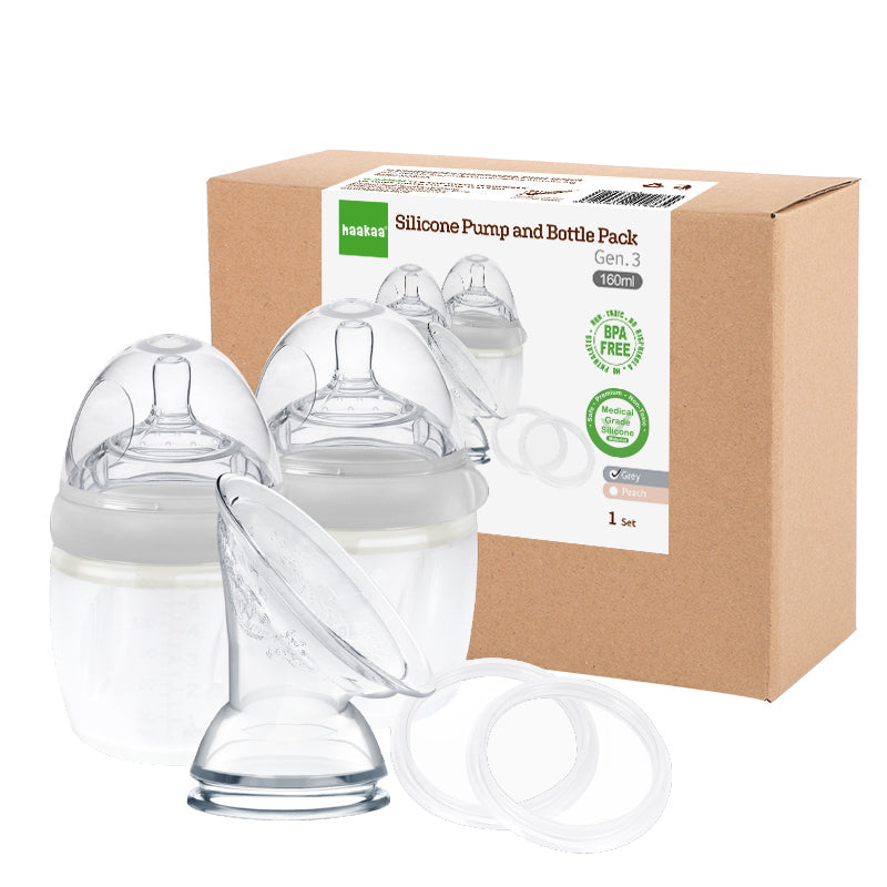 Haakaa 160ml Gen3 Silicone Breast Pump and Baby Bottle Pack Grey
